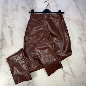 New Meshki Croc Chocolate Brown Embossed Faux Leather Straight Leg Trousers